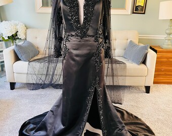 isabela rhinestone dress black black Isabella One-Shoulder Ruffle Slit Formal Dress