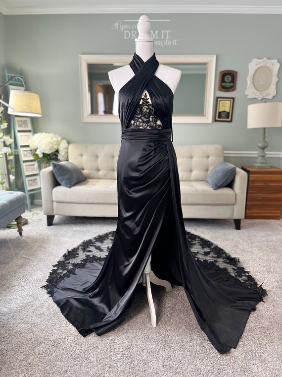 beatrice black dress Sheath Spaghetti Straps Black Satin Long Prom Dresses with Lace Appliques, Black / 18