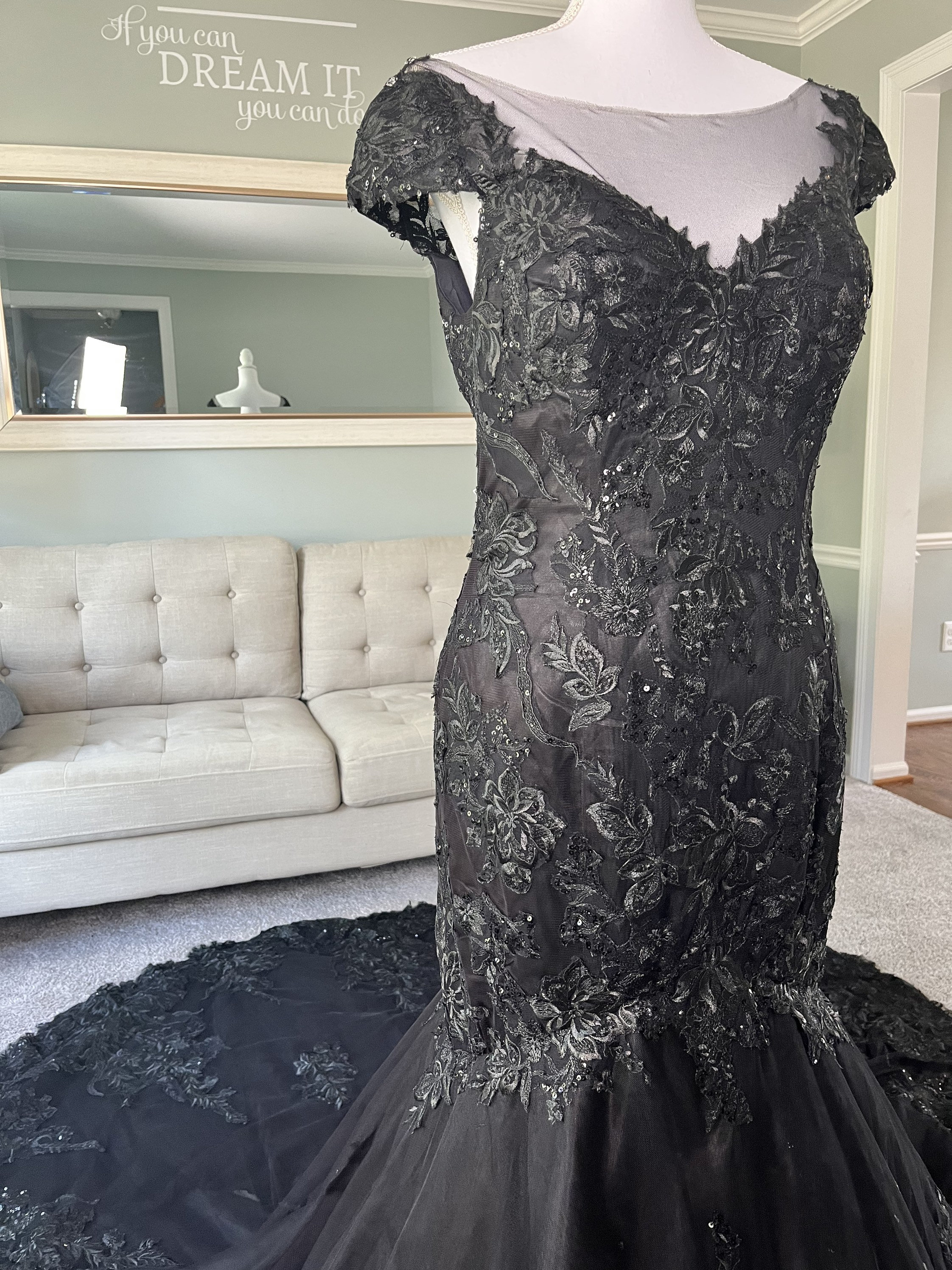 Jess Black Trumpet Wedding Dress with Lace Applique and Detachable Cape Jess Black Trumpet Wedding Dress with Lace Applique and Detachable Cape
