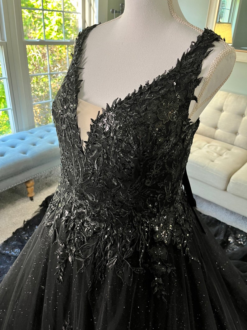 Kristina Black Wedding dress,Ballgown Wedding Dress, Gothic Wedding Dress, Black Bridal Gown, V neckline wedding dress, Lace wedding dress image 6