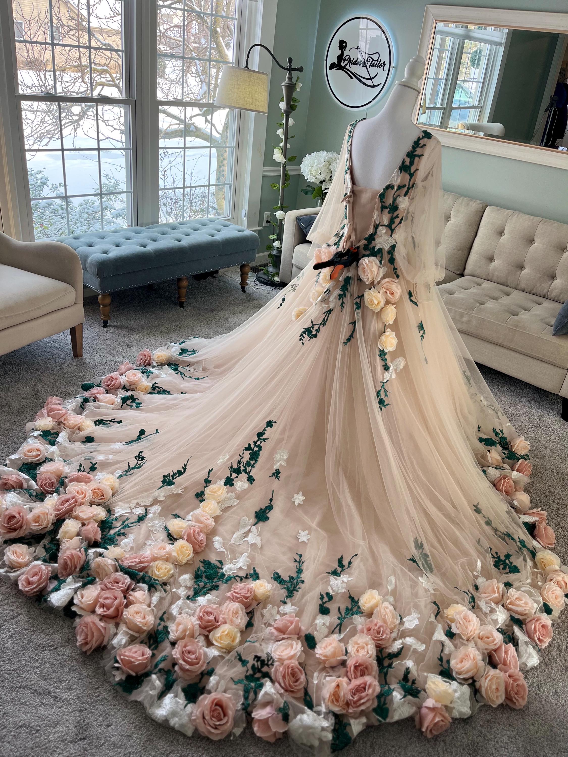 Courtney Champagne Wedding Dress: Custom 3D Floral Garden Gown
