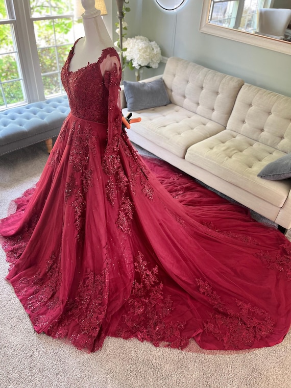 Toni Burgundy Lace Wedding Dress with Sleeves | 2-in-1 Convertible Bridal Gown with Train | Custom Burgundy Wedding Dress by Brides & Tailor
