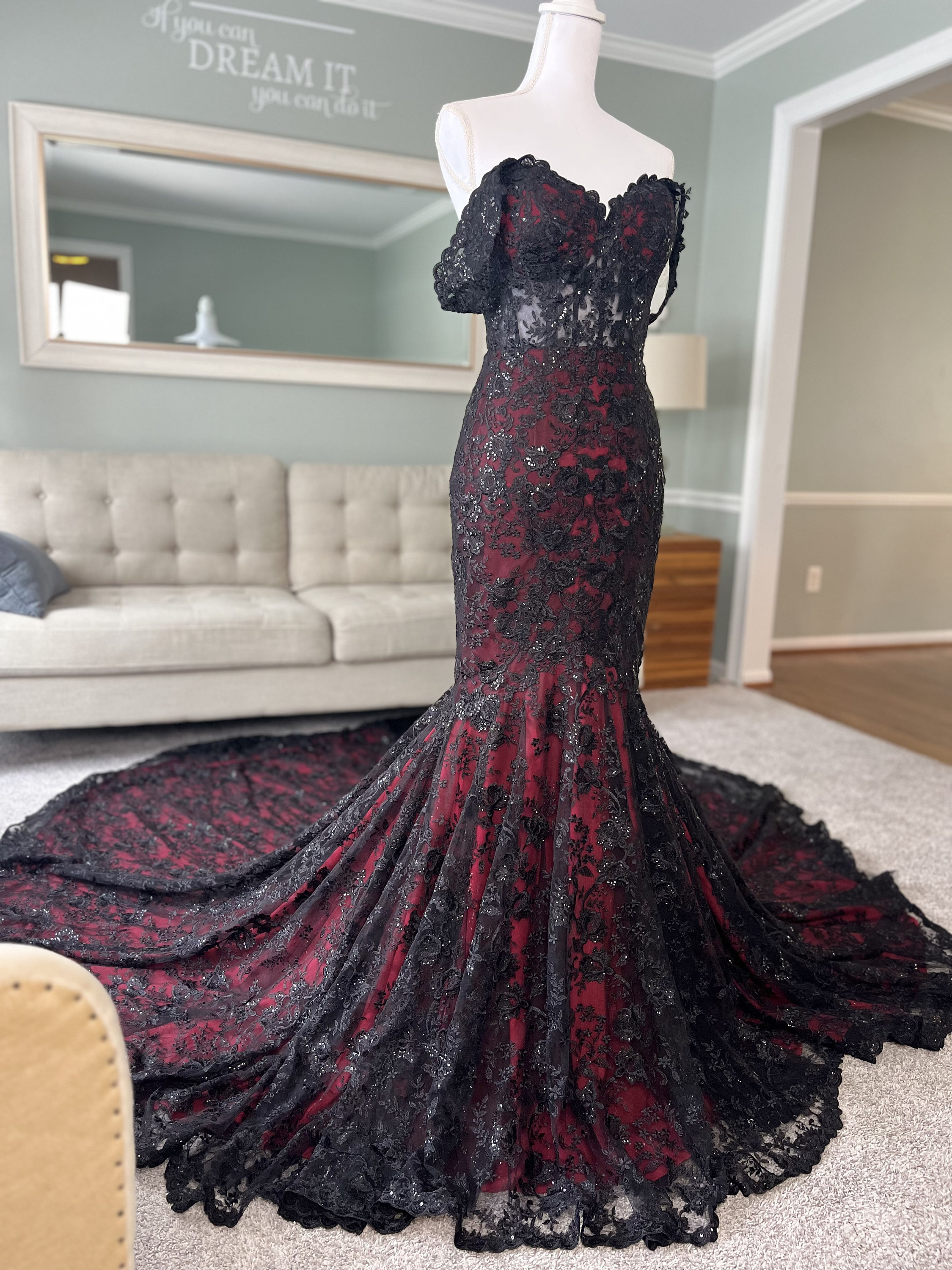 Amber Gothic Black and Dark Red Lace Wedding Dress: Mermaid Trumpet Gown