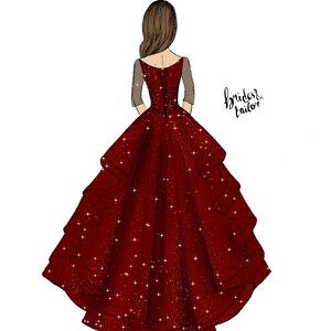 May include: Back view of a red sparkly gown with a fitted bodice and a full skirt. The gown has a lace-up back and is adorned with sequins.
