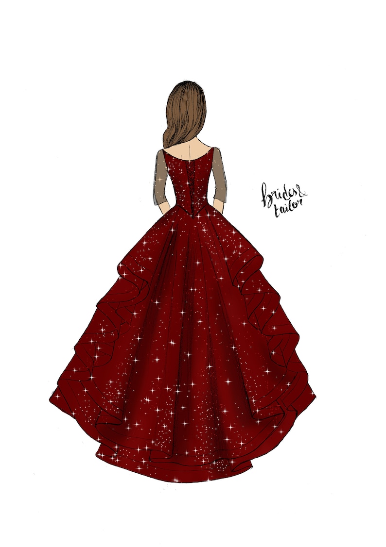 May include: Back view of a red sparkly gown with a fitted bodice and a full skirt. The gown has a lace-up back and is adorned with sequins.