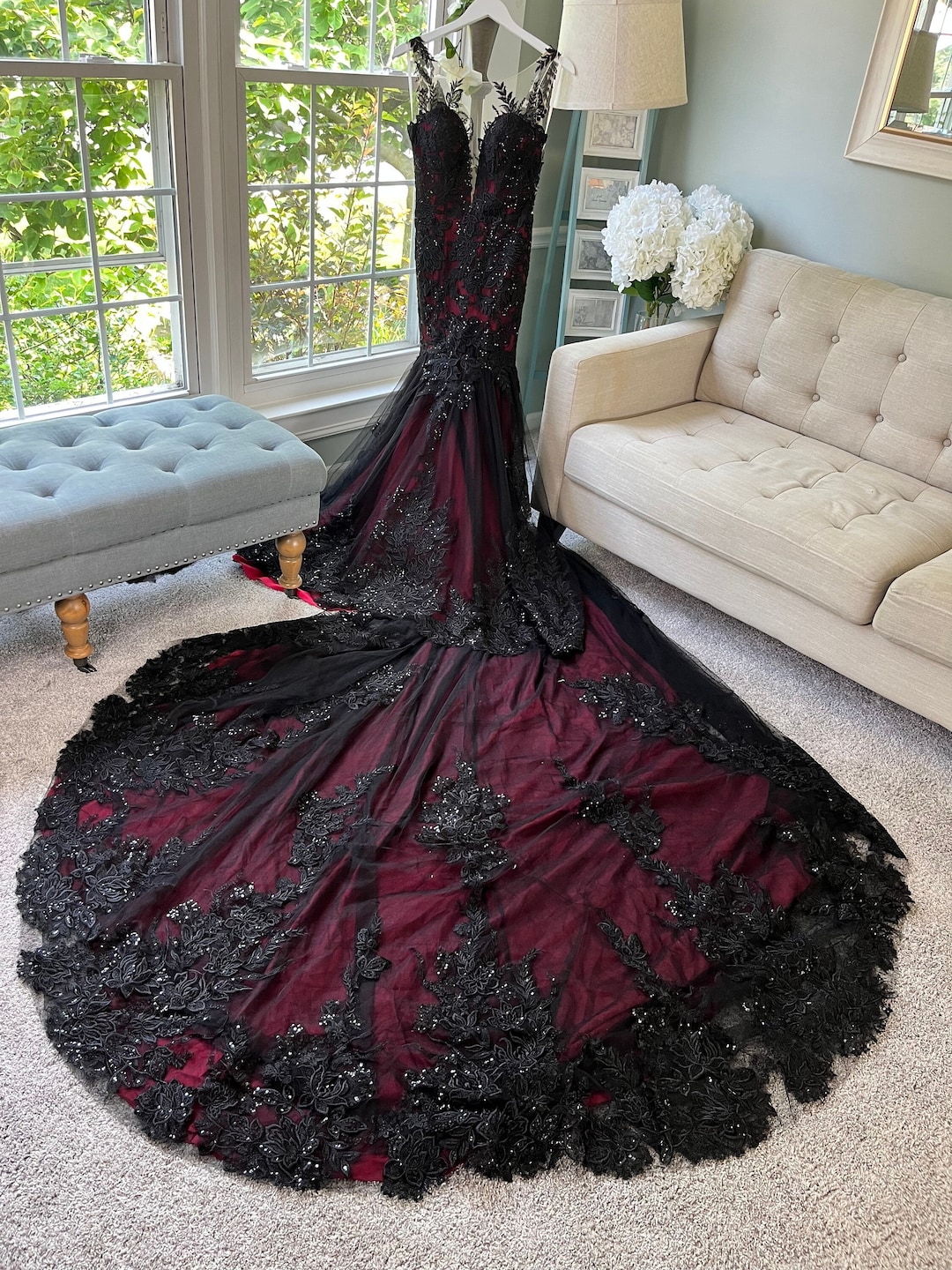 Krista Black and Dark Red Wedding Dress, Gothic Wedding Dress, Trumpet Black Dress, Black Lace