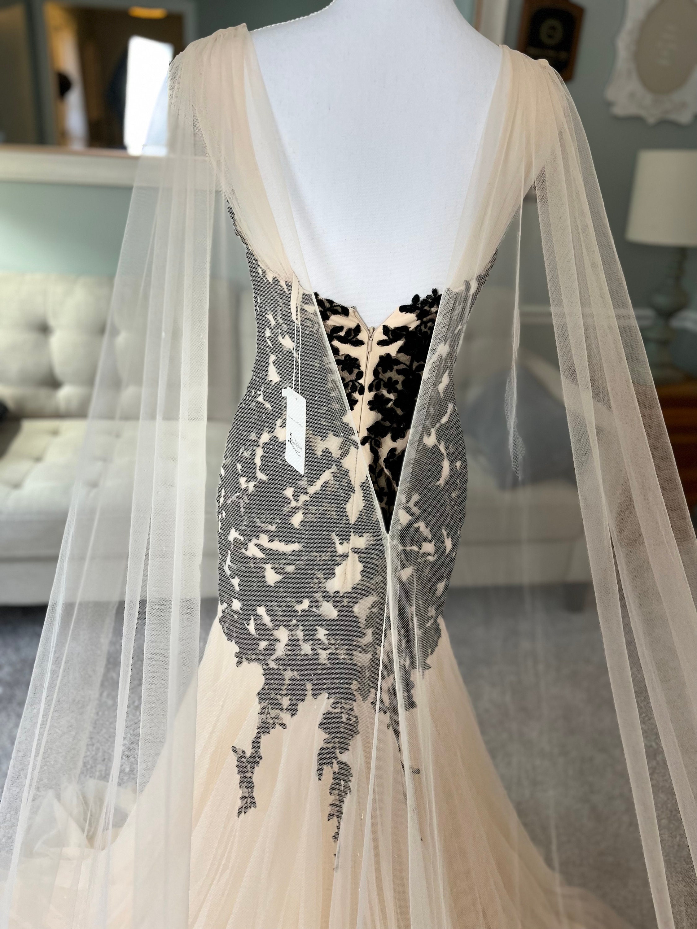 Bridget Black Lace Champagne Wedding Dress: Trumpet Mermaid Gown with Cape Veil Bridget Black Lace Champagne Wedding Dress: Trumpet Mermaid Gown with Cape Veil