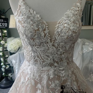 Irene Blush Wedding dress,A-Line Wedding Dress, V neckline wedding dress, Lace wedding dress
