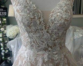 Blush Wedding dress,A-Line Wedding Dress, V neckline wedding dress, Lace wedding dress