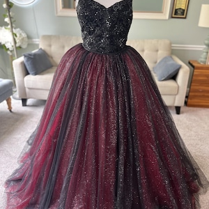 Terray 2-in-1 Burgundy and Black Wedding Dress, Removable Ballgown Skirt and a High-Low Bridal Gown | Gothic Glitter Dress