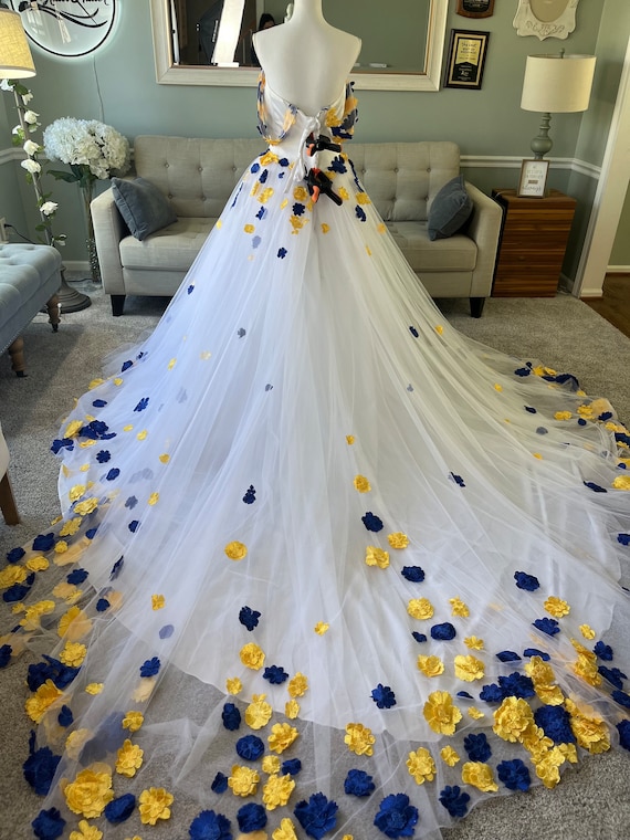 white blue and gold dress Kristen Yellow 3D Wedding dress, Colored A-Line Wedding with 3D flowers, Disney Wedding Dress , Floral Wedding Dress Ideal for those who love a mix of sweet and stylish in one easy Vizcaya Quinceanera 89460