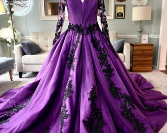 Bianca Purple Gothic Wedding Dress with Black Lace & Illusion Sleeves