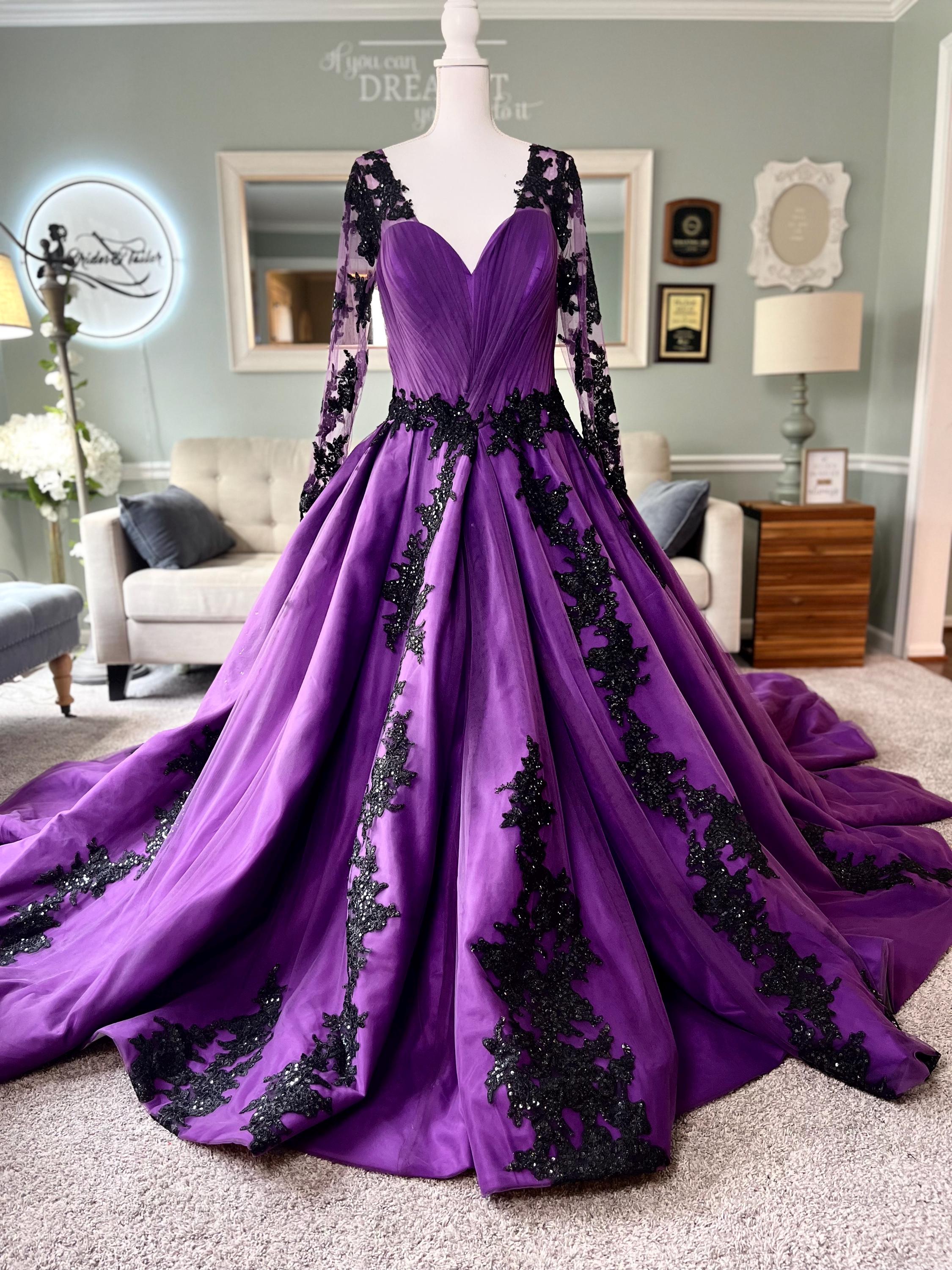 Bianca Purple Gothic Wedding Dress with Black Lace & Illusion Sleeves