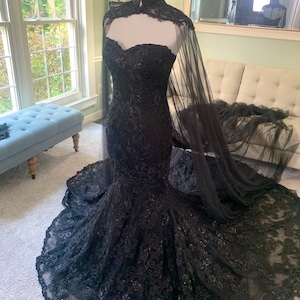 Kayla 3 in 1 Black Wedding Dress, Black Dress With Cape, Gothic Wedding Dress,Mermaid Black Dress,A-Line Wedding Dress