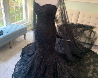 3 in 1 Black Wedding Dress, Black Dress With Cape, Gothic Wedding Dress,Mermaid Black Dress,A-Line Wedding Dress,Black Lace Wedding Dress,