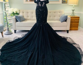 black wedding dresses mermaid style Black Fully Lace Strapless Mermaid With Slit Wedding Dresses With Styl –  clover sew main image 0