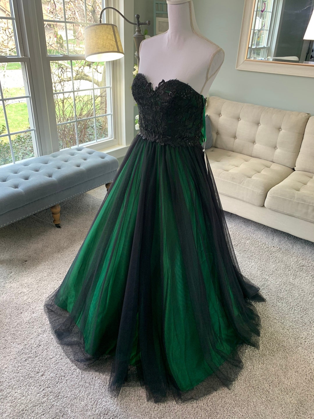 green and black formal dresses Anna Black Lace & Green Satin Wedding Dress: Gothic Aline Bridal Gown