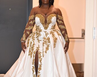 Aurneaja Ivory Wedding Dress: Gold Rhinestone Applique, Removable Cathedral  Train - Etsy