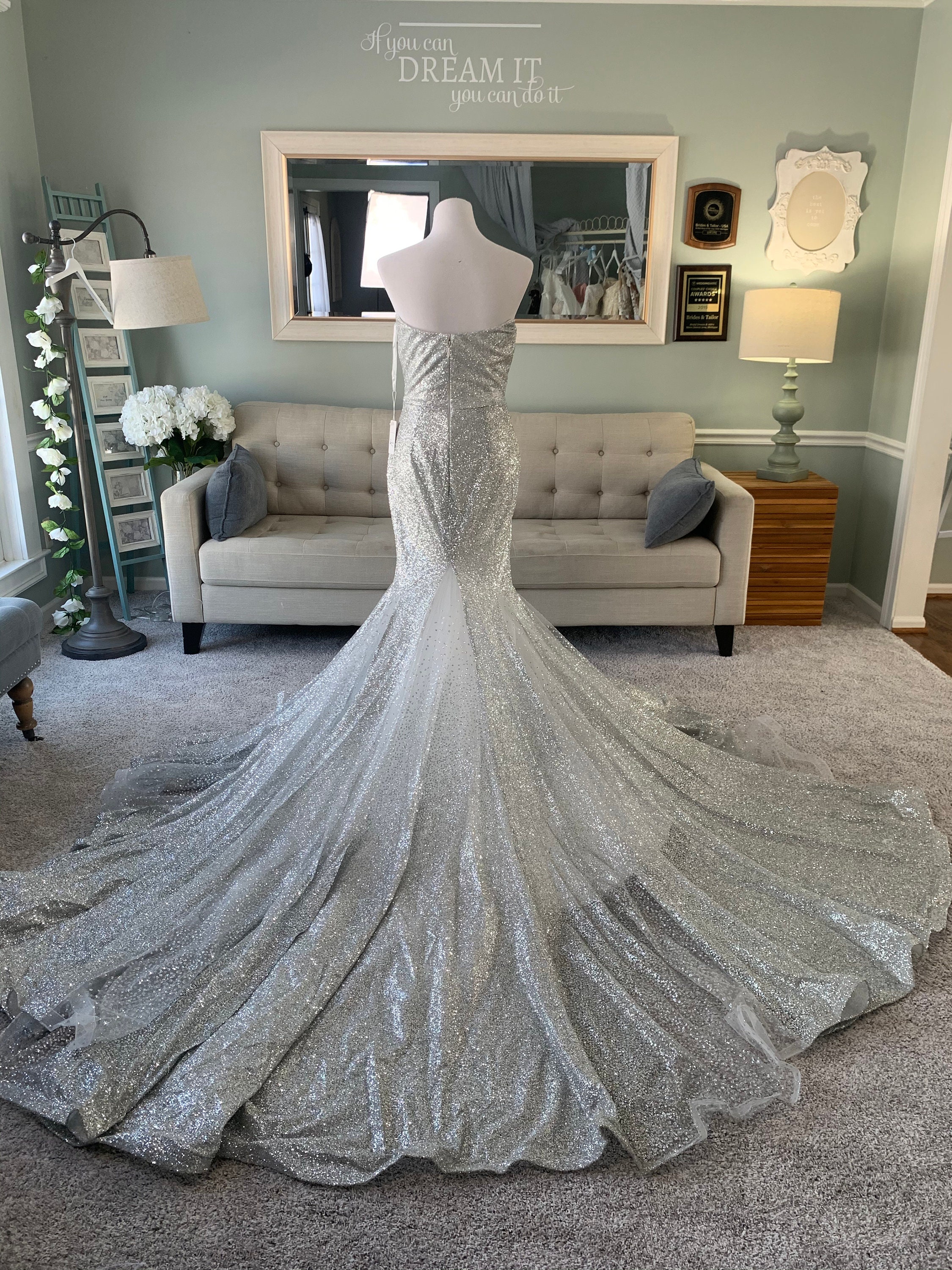 Raven Sparkly Mermaid Wedding Dress: Silver Glitter Tulle Bridal Gown