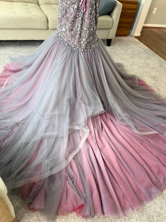 pink and grey combination dresses Jenny Charcoal Gothic Wedding Dress: Beaded Lace Mermaid Gown Rush