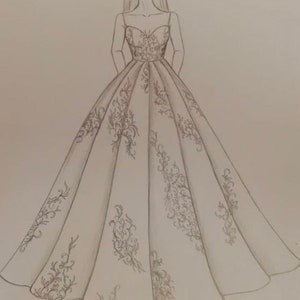 May include: A pencil sketch of a wedding dress with a fitted bodice and a full, flowing skirt. The skirt is adorned with delicate floral embroidery.