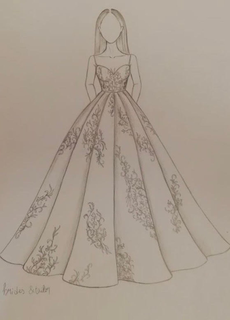May include: A pencil sketch of a wedding dress with a fitted bodice and a full, flowing skirt. The skirt is adorned with delicate floral embroidery.