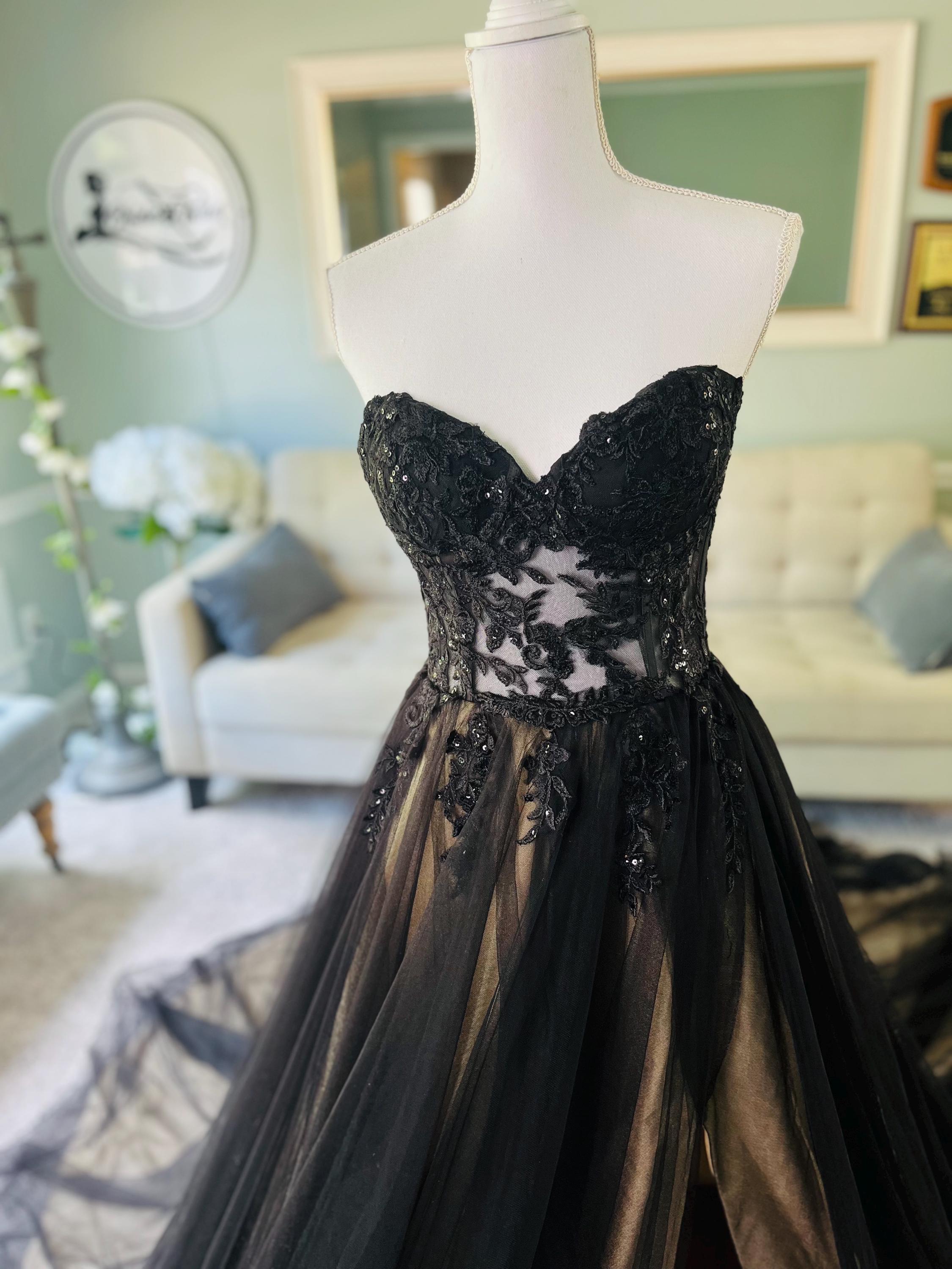 black and champagne wedding dress Vintage Gothic Black and Champagne Black lace wedding dress with Chapel Train and Long Sleeves