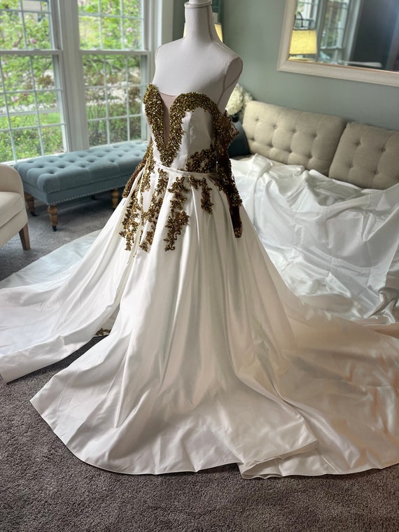 Aurneaja Ivory Wedding Dress: Gold Rhinestone Applique, Removable Cathedral Train Aurneaja Ivory Wedding Dress: Gold Rhinestone Applique, Removable Cathedral Train