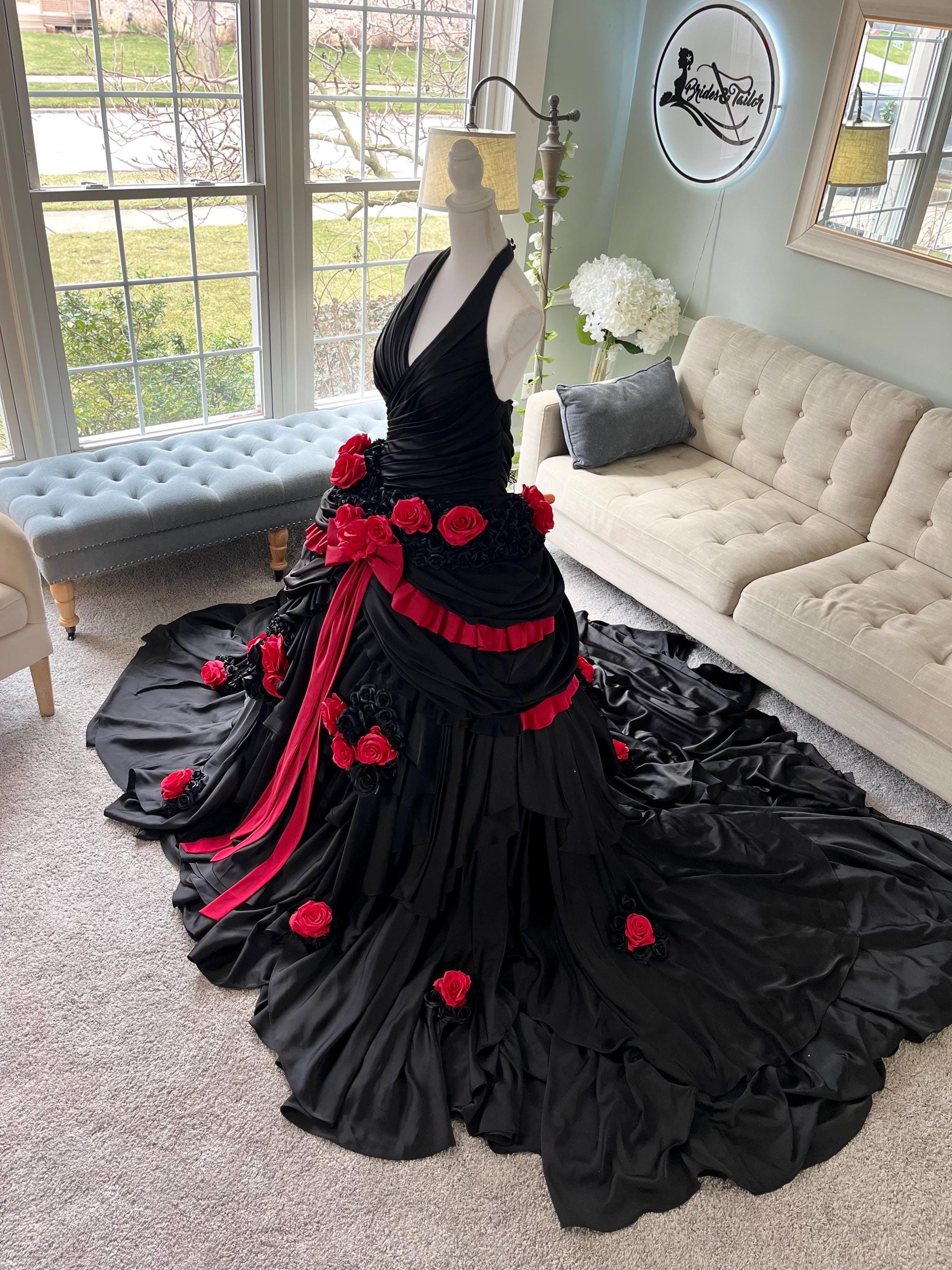 black wedding dress with red roses Cassandra Black and Red Gothic Wedding Ball Gown: 3D Floral Appliqués