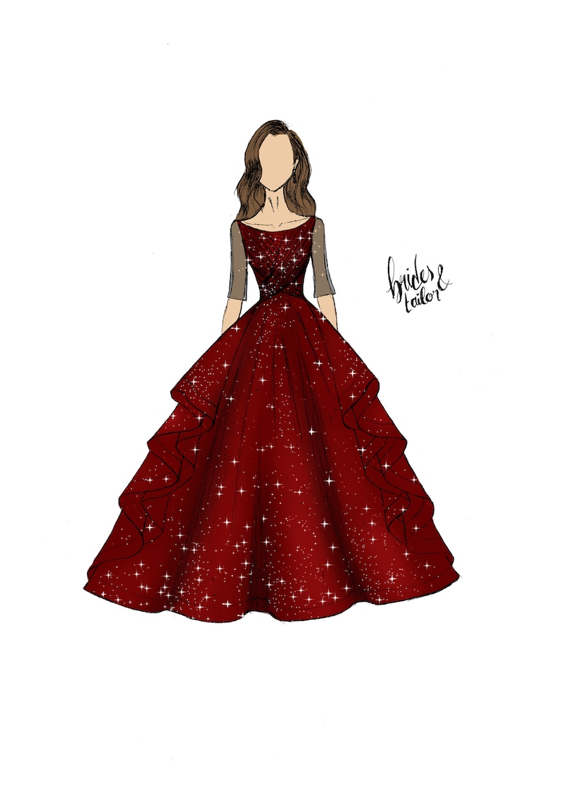 May include: A red sparkly ball gown with a fitted bodice and a full skirt. The gown has a scoop neckline and three-quarter sleeves. The skirt is layered with ruffles and has a scattered pattern of white stars.