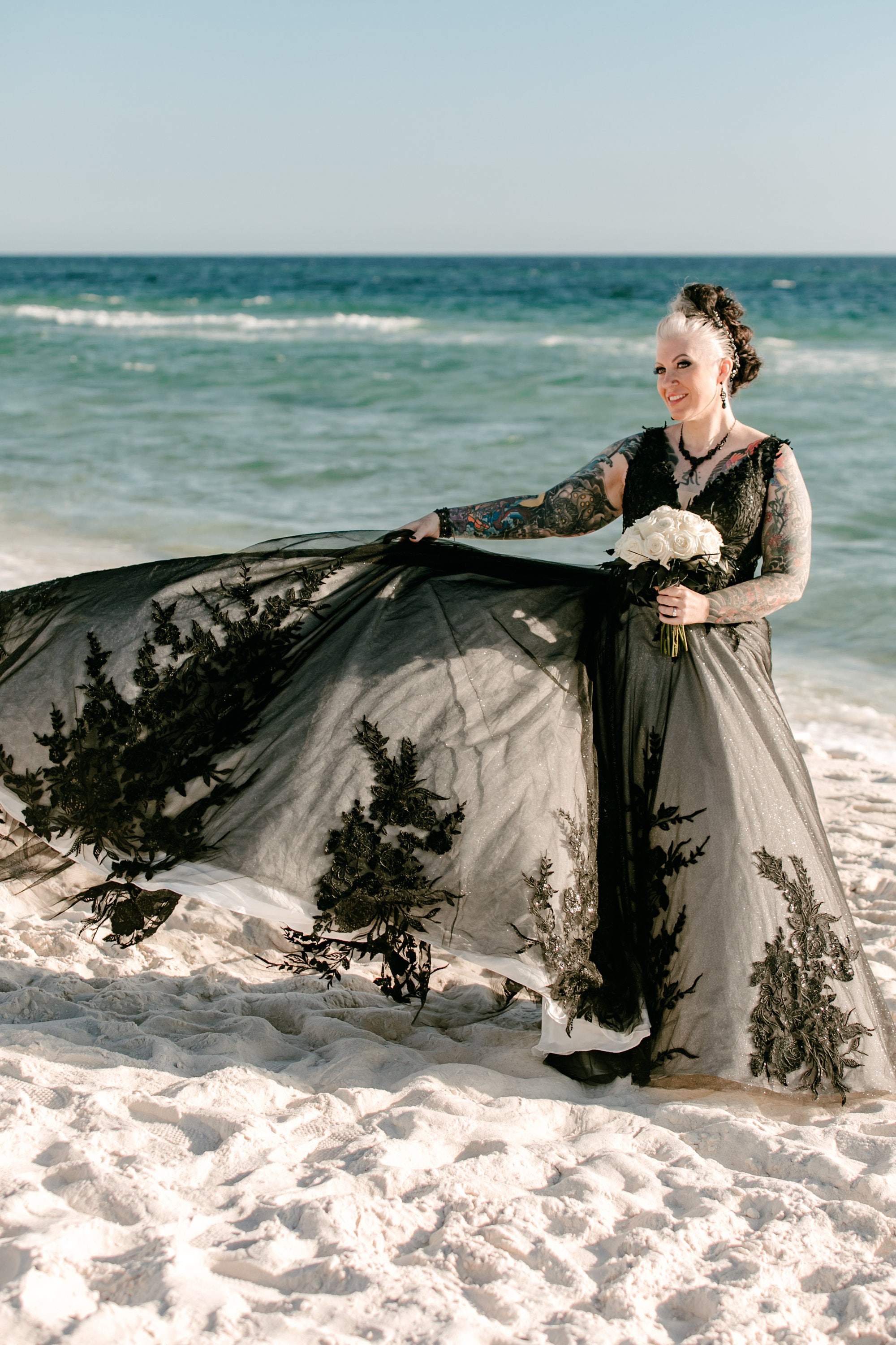 Jillian Black Lace Wedding Dress: Ivory Tulle Gown with Pockets