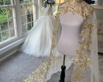 Custom Ivory and Gold Wedding Dress with Removable Cape, 2 in 1 Wedding Dress, Custom Wedding Dress