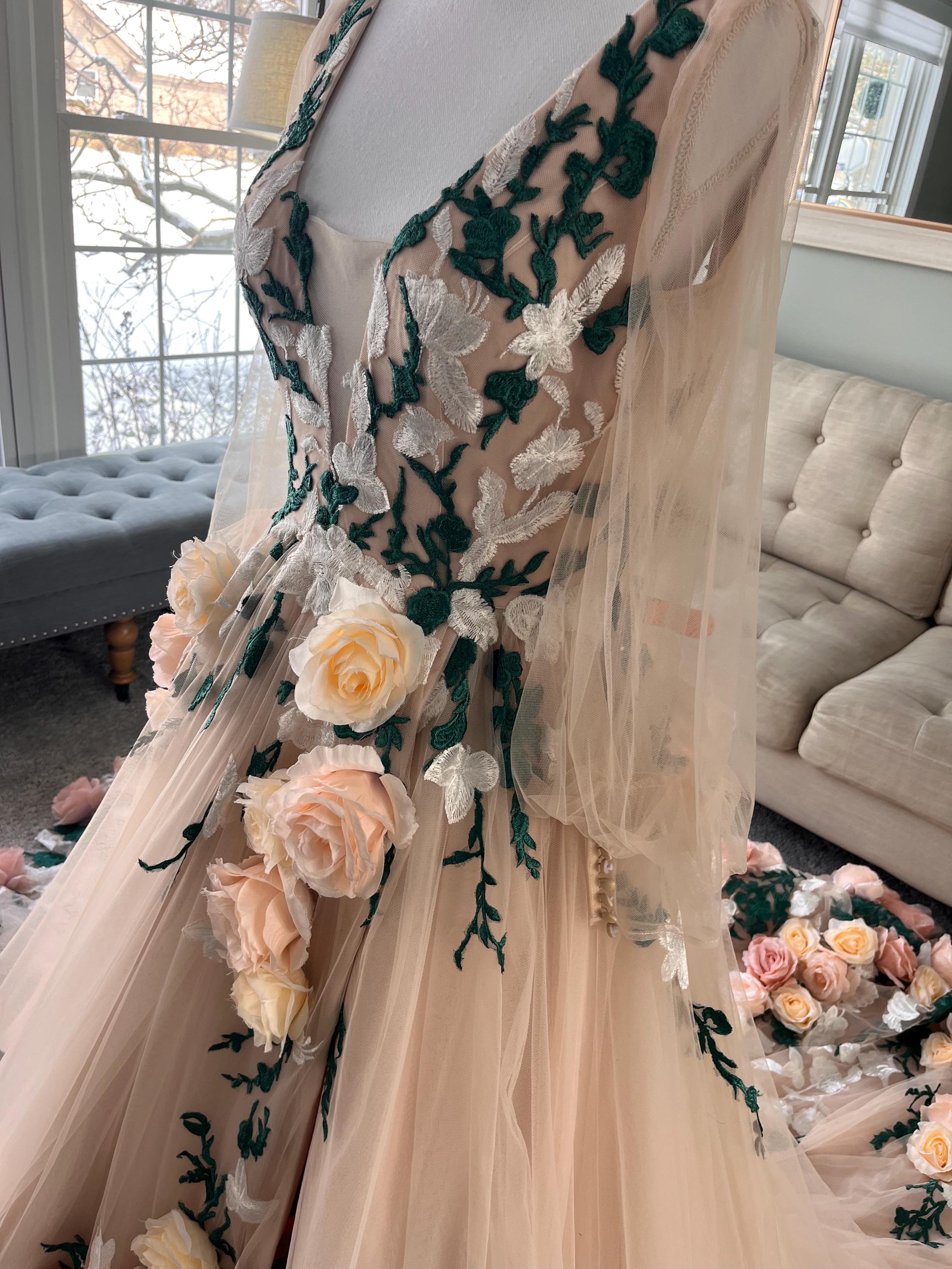 white christmas dresses Champagne A Line Sweetheart Flower Long Prom Dress with Appliques, Champagne / 2 main image 1