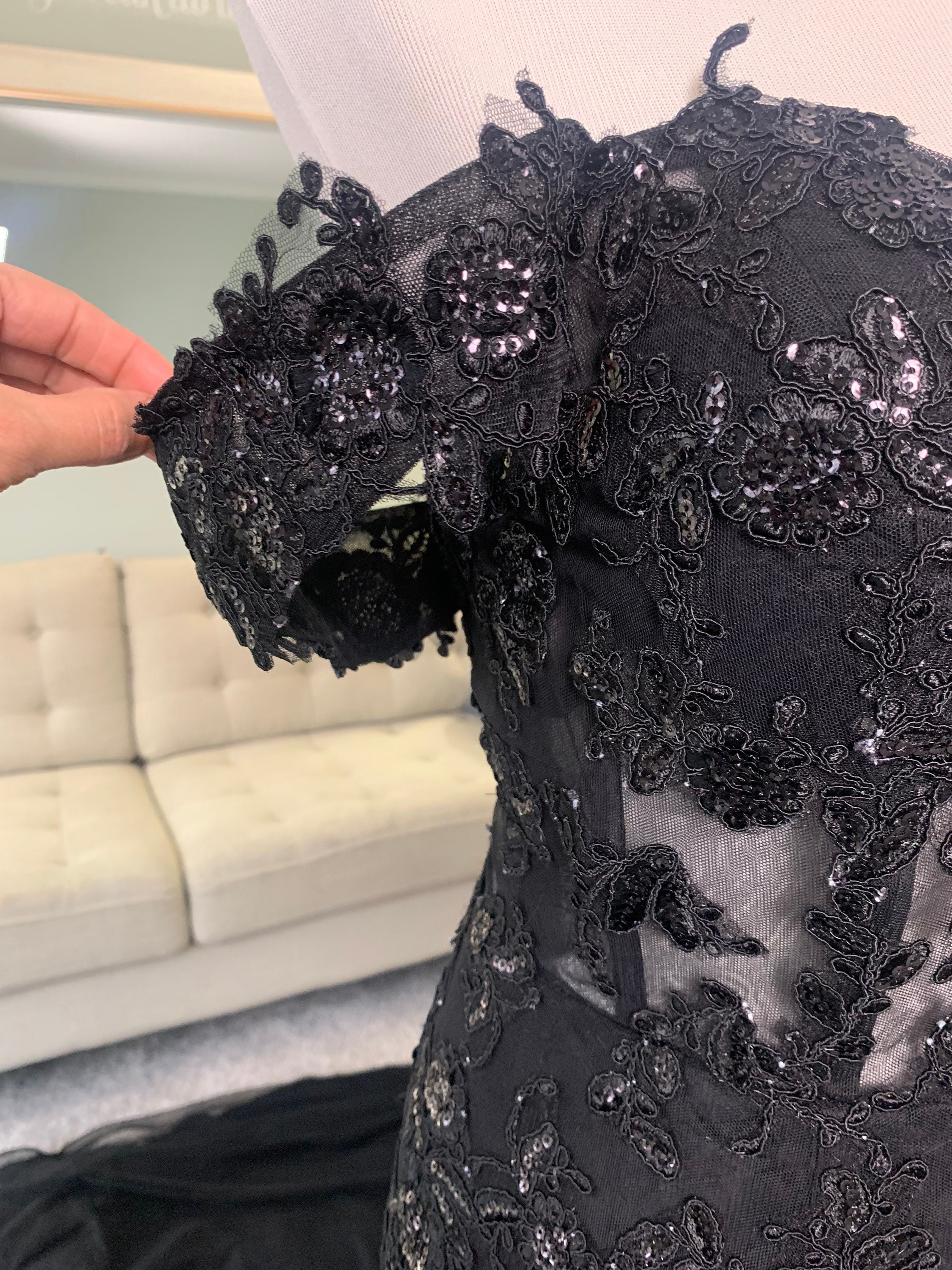 Samantha Black Mermaid Wedding Dress: Gothic Lace, See-Through Bodice Samantha Black Mermaid Wedding Dress: Gothic Lace, See-Through Bodice