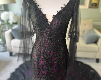 Megan Black and Purple Wedding Dress, Gothic Wedding Dress wit h sleeves, Trumpet Black Dress, Black Dress, Illusion Back Wedding Dress