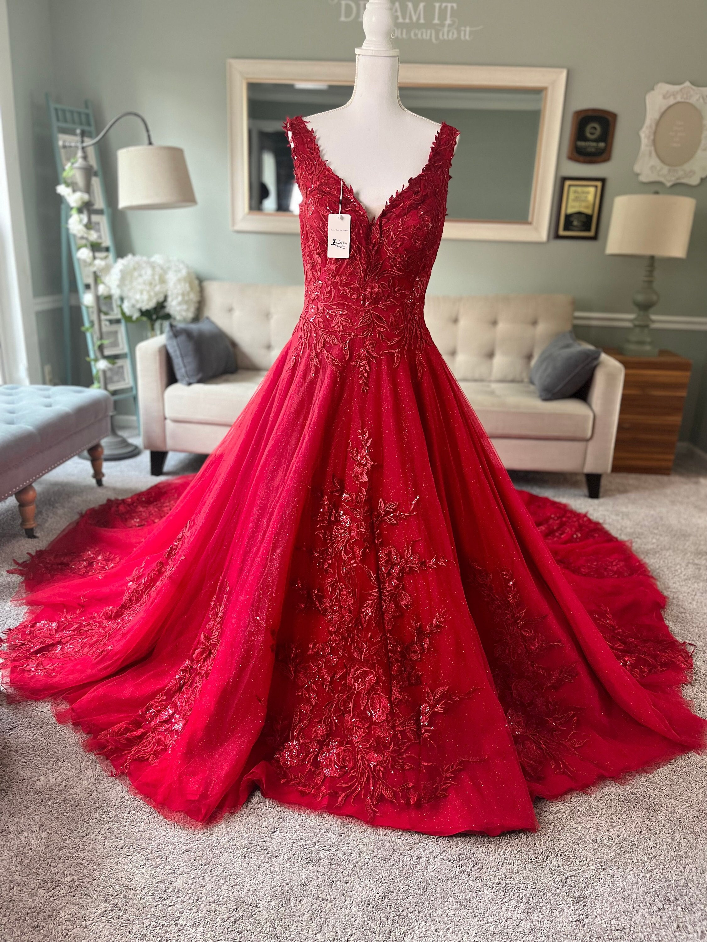 Breanna Red A-Line Wedding Dress: Gothic V-Neck Lace Bridal Gown