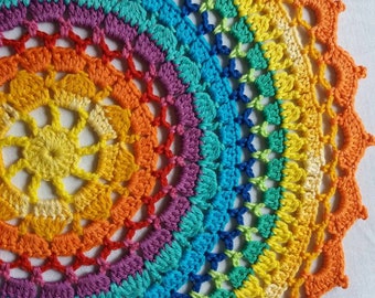 Crocheted mandala doily , handmade , rainbow bright colors mandala , home decoration