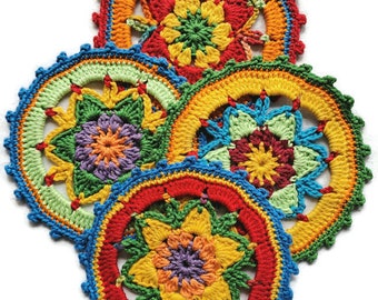 Set of 4 crocheted mandala coasters , bright color mandala placemat , hand made boho decoration