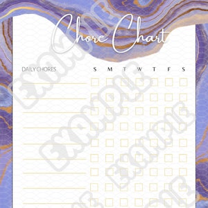May include: A printable chore chart with a purple and gold marble background. The chart has sections for daily chores, weekly chores, and rewards. The days of the week are listed across the top, and there are boxes for ticking off completed tasks.