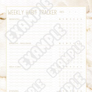 May include: A printable weekly habit tracker with sections for morning, health and wellness, self-care, and evening. Each section has a grid of boxes for tracking habits throughout the week.