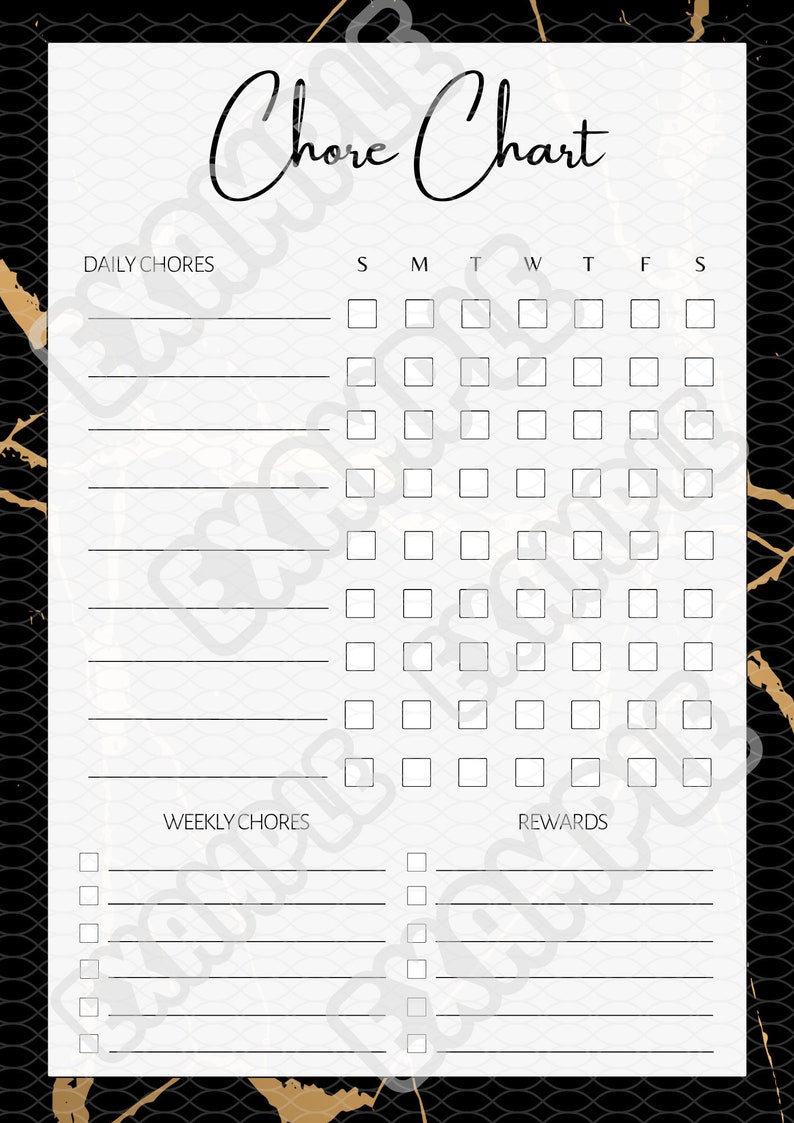 Chore Chart DIY Planner Printable Black & Gold Marble W/ Black Script ...