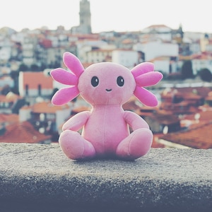 Puede incluir: Un peluche rosa de ajolote con grandes branquias plumosas y una cara sonriente. El peluche está sentado sobre una superficie de piedra, con un paisaje urbano borroso en el fondo. Un juguete suave y tierno.