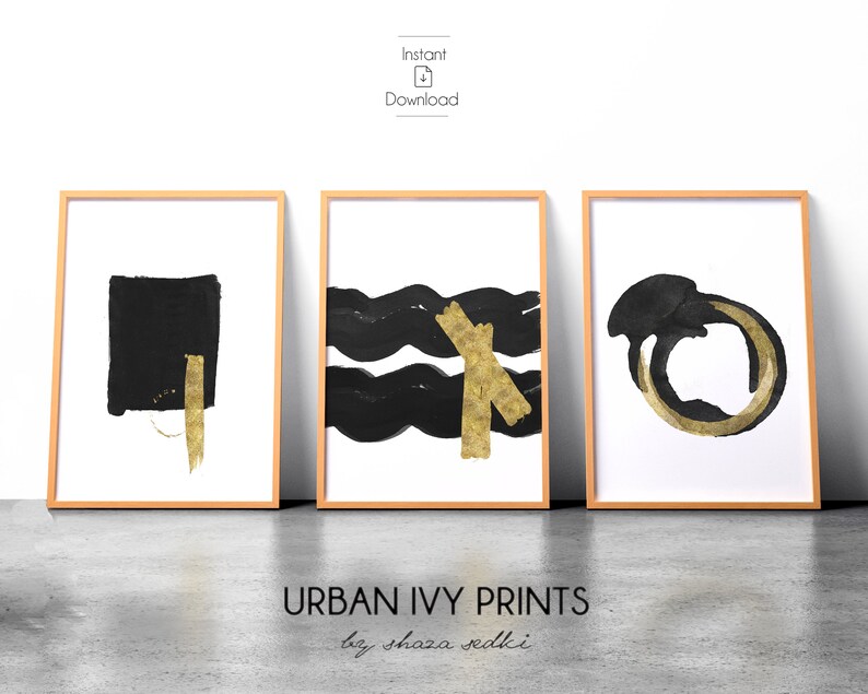 Set Of 3 Black And Gold Watercolor Wall Art Prints Set Of 3 Etsy