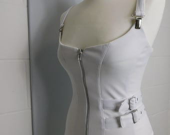 Weißes Stretch Jersey Bustier Top: Silber Hardwares, Schnallen, Reißverschluss Mieder