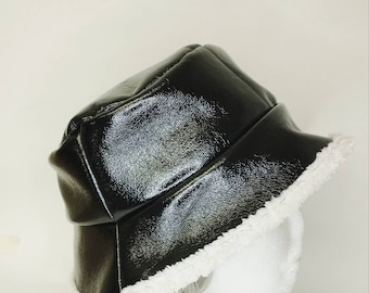 Waterproof Soft Bucket Hat Black Patent Fluffy Warm White Lining Handmade Size S M L