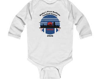 Body per neonati "Prima stagione di football dei Buffalo" con skyline.