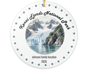 Ornamento/Souvenir di viaggio in ceramica con scena di ghiacciaio del Parco Nazionale dei Fiordi di Kenai