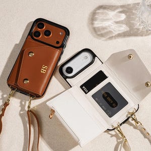Personalized Leather Crossbody Phone Case with Wallet Card Sleeve and Adjustable Shoulder Strap for iPhone 17 16 15 14 Pro Max Gift for her