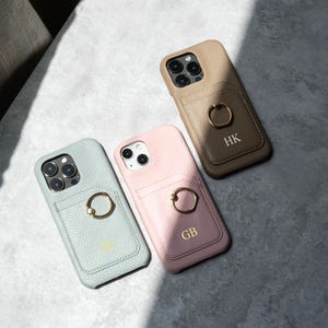 Funda de cuero personalizada con tarjetero para iPhone 16 Pro Max 15, 14, 13 y 12. Funda con monograma inicial personalizado, regalo para mamá.