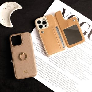 Personalized Leather iPhone Wallet Case: Custom Monogram, Card Holder & Mirror